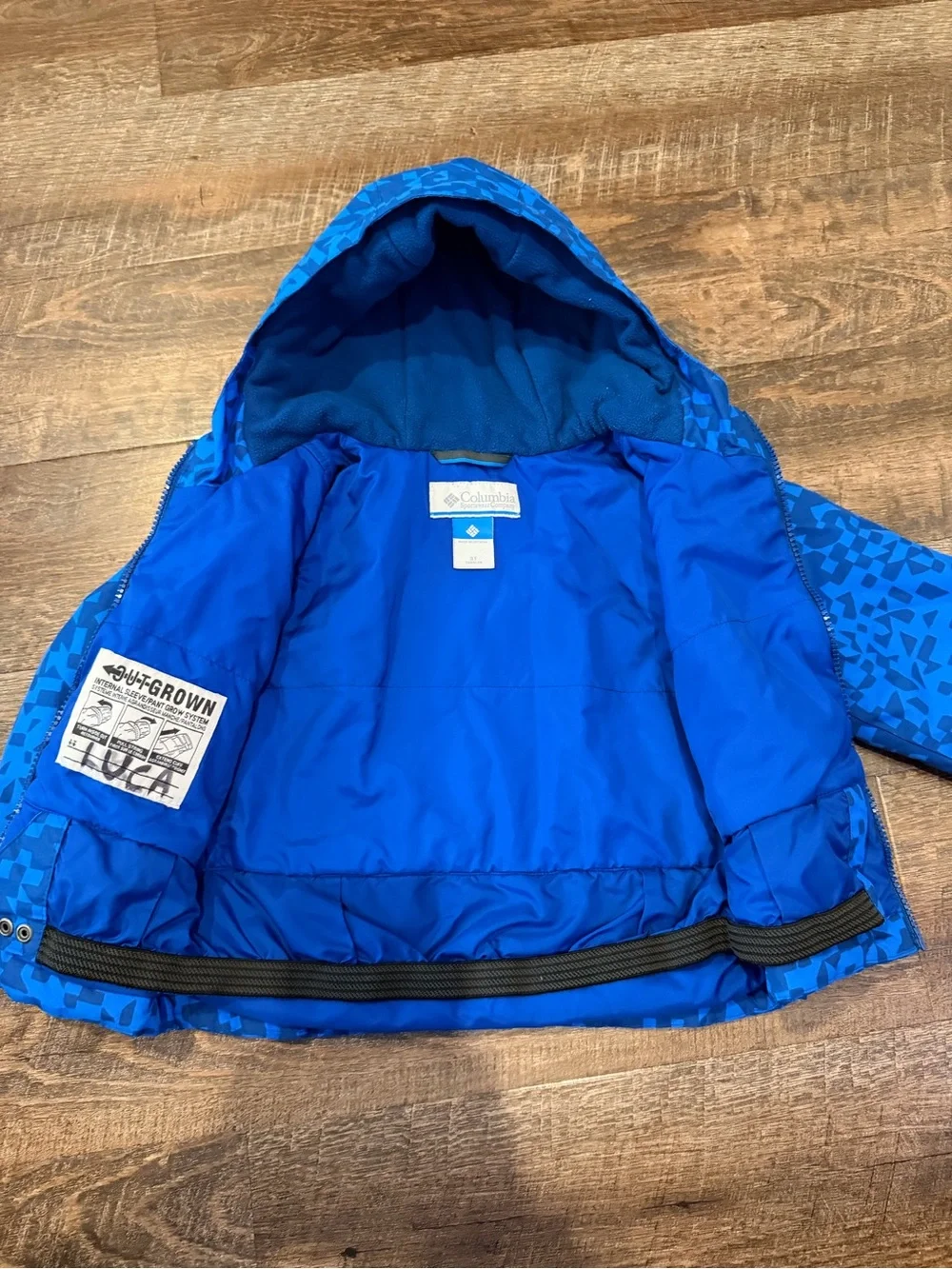 Columbia Toddler Boys 3T Blue Geometric Hooded Puffer Winter Jacket Outgrown